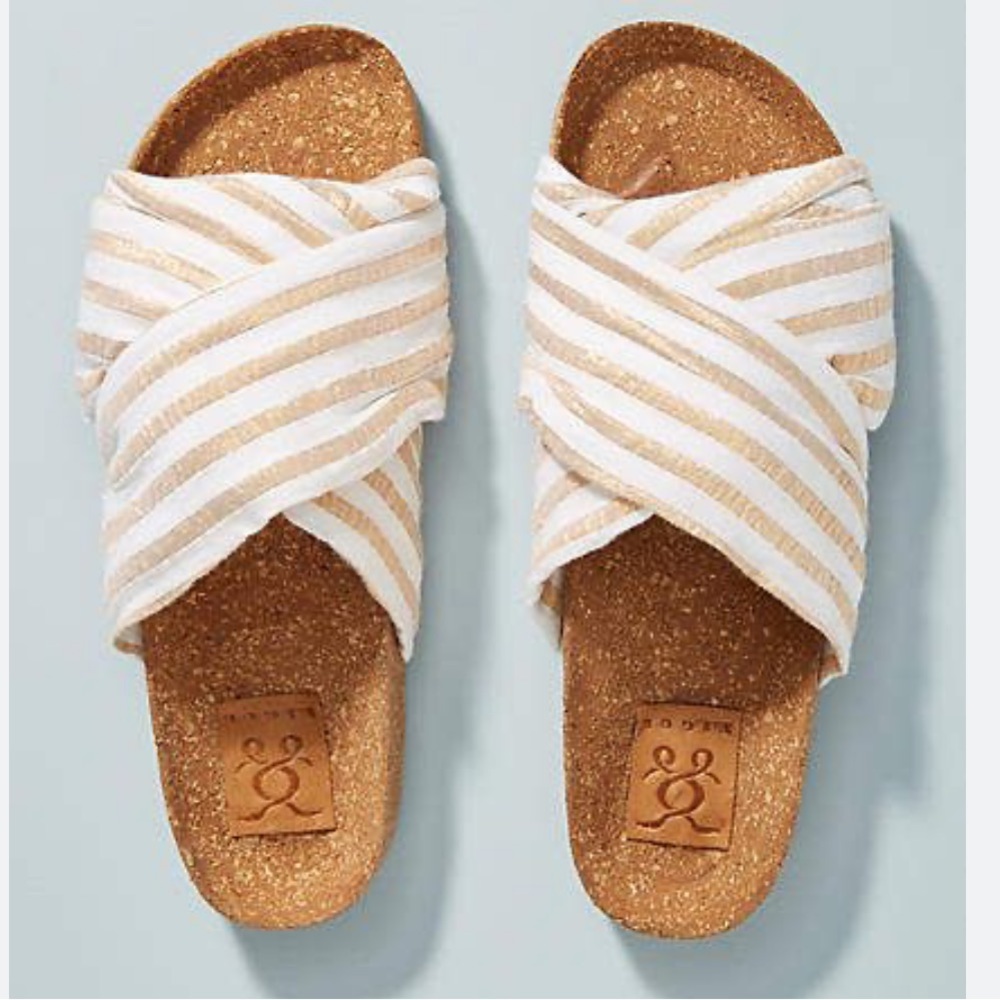 Anthropologie Figue Suki Slide Sandals - Gold & White Stripe - NEW - Size 8